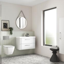 Deco 600mm Wall Hung 2 Drawer Vanity Unit with Minimalist Basin - Satin White - Insitu