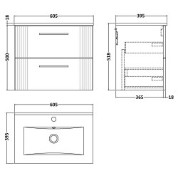 Deco 600mm Wall Hung 2 Drawer Vanity Unit with Minimalist Basin - Satin White - Technical Drawing
