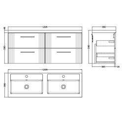 Deco 1200mm Wall Hung 4 Drawer Vanity Unit with Double Basin - Satin White - Technical Drawing