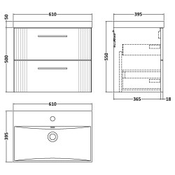 Deco 600mm Wall Hung 2 Drawer Vanity Unit with Thin-Edge Basin - Satin White - Technical Drawing