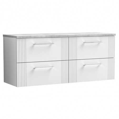 Deco 1200mm Wall Hung 4 Drawer Vanity Unit & Laminate Worktop - Satin White/Bellato Grey