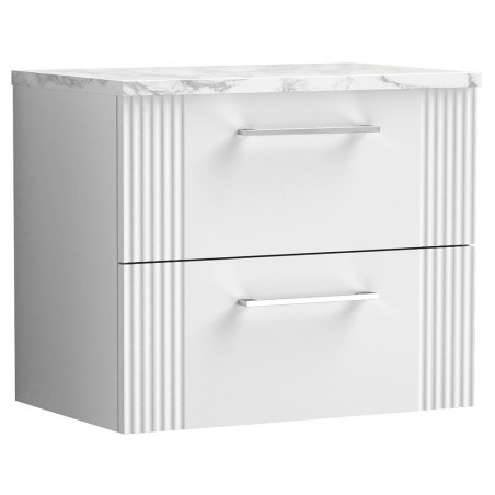 Deco 600mm Wall Hung 2 Drawer Vanity Unit & Laminate Worktop - Satin White/Carrera Marble