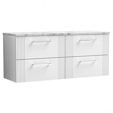 Deco 1200mm Wall Hung 4 Drawer Vanity Unit & Laminate Worktop - Satin White/Carrera Marble