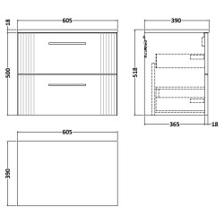 Deco 600mm Wall Hung 2 Drawer Vanity Unit with Worktop - Satin White - Technical Drawing