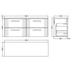 Deco 1200mm Wall Hung 4 Drawer Vanity Unit with Worktop - Satin White - Technical Drawing