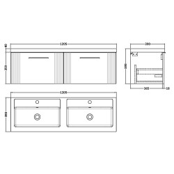 Deco 1200mm Wall Hung 2 Drawer Vanity Unit with Double Basin - Satin White - Technical Drawing