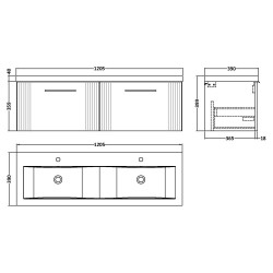 Deco 1200mm Wall Hung 2 Drawer Vanity Unit with Double Basin - Satin White - Technical Drawing