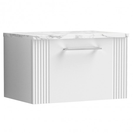 Deco 600mm Wall Hung Single Drawer Vanity Unit & Laminate Worktop - Satin White/Carrera Marble