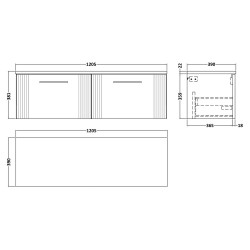 Deco 1200mm Wall Hung 2 Drawer Vanity Unit & Laminate Worktop - Satin White/Carrera Marble - Technical Drawing