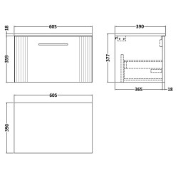 Deco 600mm Wall Hung Single Drawer Vanity Unit with Worktop - Satin White - Technical Drawing
