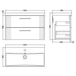 Deco 800mm Wall Hung 2 Drawer Vanity Unit with Thin-Edge Basin - Satin White - Technical Drawing