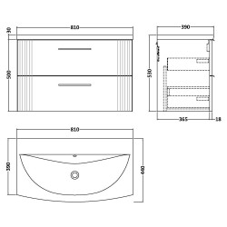 Deco 800mm Wall Hung 2 Drawer Vanity Unit with Curved Basin - Satin White - Technical Drawing