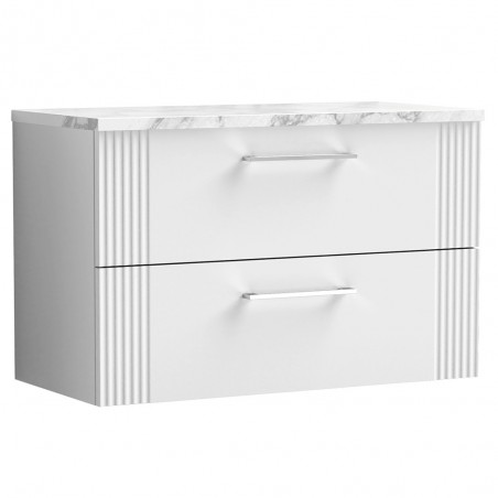 Deco 800mm Wall Hung 2 Drawer Vanity Unit & Laminate Worktop - Satin White/Carrera Marble