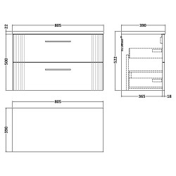 Deco 800mm Wall Hung 2 Drawer Vanity Unit & Laminate Worktop - Satin White/Carrera Marble - Technical Drawing
