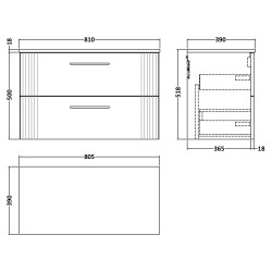 Deco 800mm Wall Hung 2 Drawer Vanity Unit with Worktop - Satin White - Technical Drawing