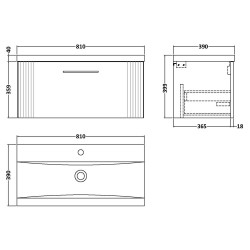 Deco 800mm Wall Hung Single Drawer Vanity Unit with Mid-Edge Basin - Satin White - Technical Drawing
