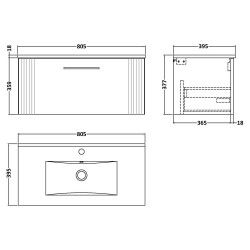 Deco 800mm Wall Hung Single Drawer Vanity Unit with Minimalist Basin - Satin White - Technical Drawing