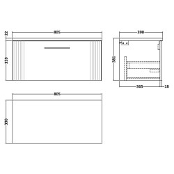 Deco 800mm Wall Hung Single Drawer Vanity Unit with Laminate Top - Satin White - Technical Drawing