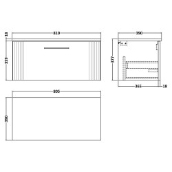 Deco 800mm Wall Hung Single Drawer Vanity Unit with Worktop - Satin White - Technical Drawing