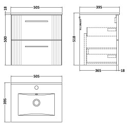 Deco 500mm Wall Hung 2 Drawer Vanity Unit with Minimalist Basin - Stain Grey - Technical Drawing