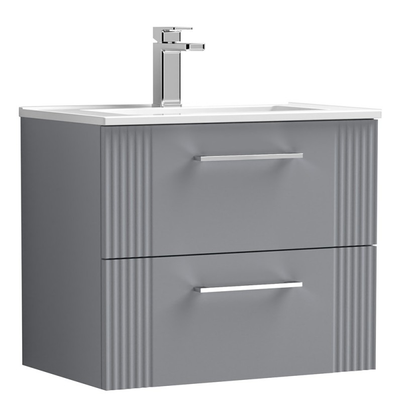 Deco 600mm Wall Hung 2 Drawer Vanity Unit with Minimalist Basin - Stain Grey Deco 600mm Wall Hung 2 Drawer Vanity Unit with Minimalist Basin - Stain Grey