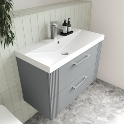 Deco 600mm Wall Hung 2 Drawer Vanity Unit with Thin-Edge Basin - Stain Grey - Insitu
