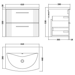 Deco 600mm Wall Hung 2 Drawer Vanity Unit with Curved Basin - Stain Grey - Technical Drawing