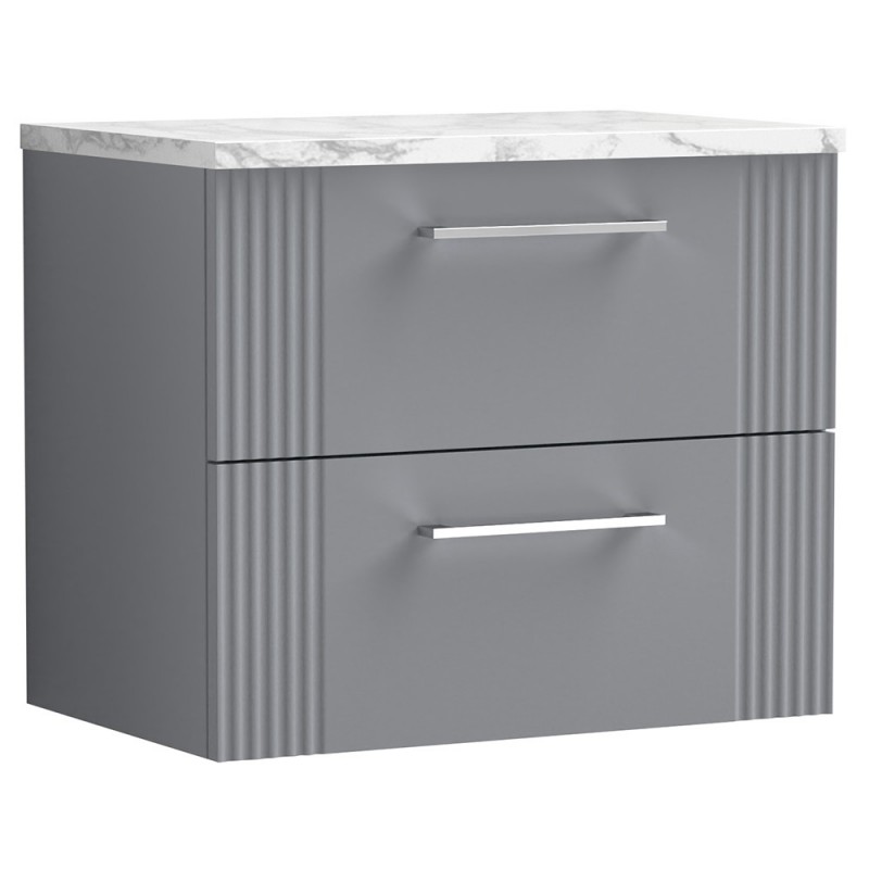 Deco 600mm Wall Hung 2 Drawer Vanity Unit & Laminate Worktop - Satin Grey/Carrera Marble Deco 600mm Wall Hung 2 Drawer Vanity Unit & Laminate Worktop - Satin Grey/Carrera Marble