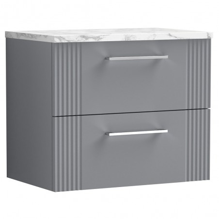 Deco 600mm Wall Hung 2 Drawer Vanity Unit & Laminate Worktop - Satin Grey/Carrera Marble