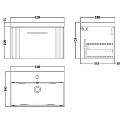 Deco 600mm Wall Hung Single Drawer Vanity Unit with Thin-Edge Basin - Stain Grey - Technical Drawing