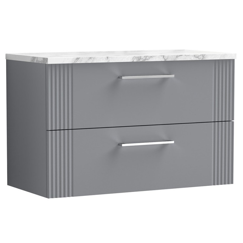 Deco 800mm Wall Hung 2 Drawer Vanity Unit & Laminate Worktop - Satin Grey/Carrera Marble Deco 800mm Wall Hung 2 Drawer Vanity Unit & Laminate Worktop - Satin Grey/Carrera Marble