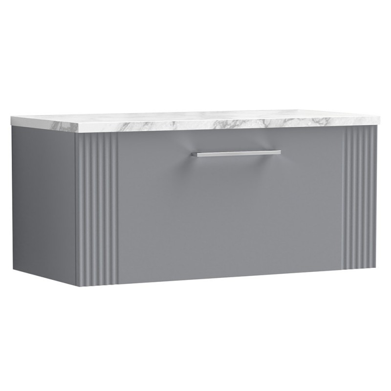 Deco 800mm Wall Hung Single Drawer Vanity Unit & Laminate Worktop - Satin Grey/Carrera Marble Deco 800mm Wall Hung Single Drawer Vanity Unit & Laminate Worktop - Satin Grey/Carrera Marble