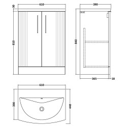 Deco 600mm Freestanding 2 Door Vanity Unit with Curved Basin - Satin Blue - Technical Drawing