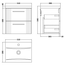 Deco 500mm Wall Hung 2 Drawer Vanity Unit with Mid-Edge Basin - Satin Blue - Technical Drawing