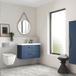 Deco 500mm Wall Hung 2 Drawer Vanity Unit with Minimalist Basin - Satin Blue - Insitu