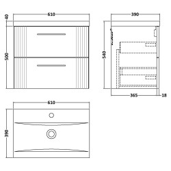 Deco 600mm Wall Hung 2 Drawer Vanity Unit with Mid-Edge Basin - Satin Blue - Technical Drawing