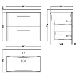 Deco 600mm Wall Hung 2 Drawer Vanity Unit with Thin-Edge Basin - Satin Blue - Technical Drawing