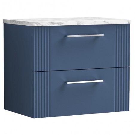 Deco 600mm Wall Hung 2 Drawer Vanity Unit & Laminate Worktop - Satin Blue/Carrera Marble