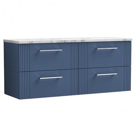 Deco 1200mm Wall Hung 4 Drawer Vanity Unit & Laminate Worktop - Satin Blue/Carrera Marble