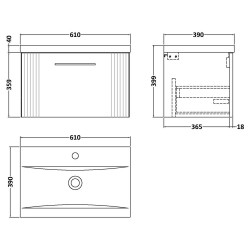 Deco 600mm Wall Hung Single Drawer Vanity Unit with Mid-Edge Basin - Satin Blue - Technical Drawing