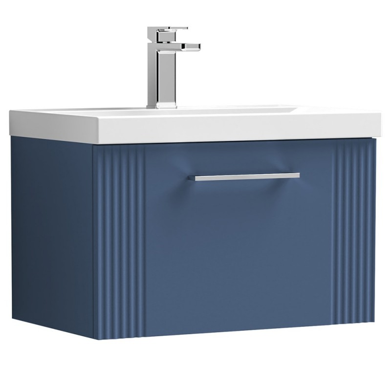 Deco 600mm Wall Hung Single Drawer Vanity Unit with Thin-Edge Basin - Satin Blue Deco 600mm Wall Hung Single Drawer Vanity Unit with Thin-Edge Basin - Satin Blue