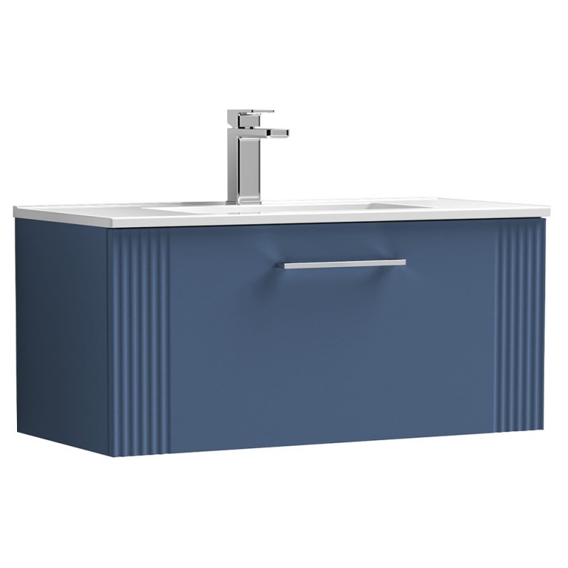 Deco 800mm Wall Hung Single Drawer Vanity Unit with Minimalist Basin - Satin Blue
