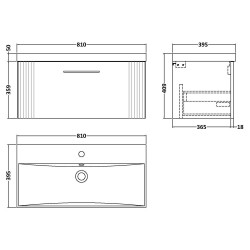 Deco 800mm Wall Hung Single Drawer Vanity Unit with Thin-Edge Basin - Satin Blue - Technical Drawing