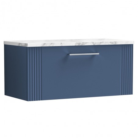 Deco 800mm Wall Hung Single Drawer Vanity Unit & Laminate Worktop - Satin Blue/Carrera Marble