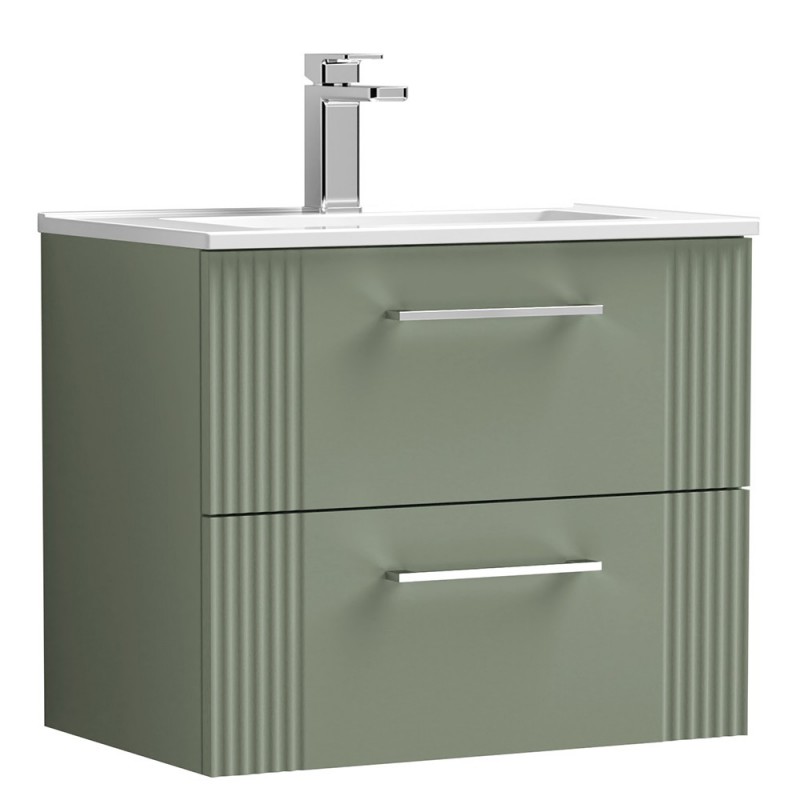 Deco 600mm Wall Hung 2 Drawer Vanity Unit with Minimalist Basin - Satin Green Deco 600mm Wall Hung 2 Drawer Vanity Unit with Minimalist Basin - Satin Green