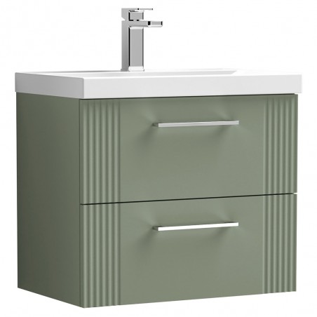 Deco 600mm Wall Hung 2 Drawer Vanity Unit with Thin-Edge Basin - Satin Green