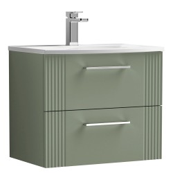 Deco 600mm Wall Hung 2 Drawer Vanity Unit with Curved Basin - Satin Green