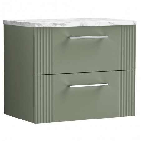 Deco 600mm Wall Hung 2 Drawer Vanity Unit & Laminate Worktop - Satin Green/Carrera Marble