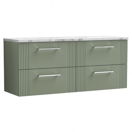 Deco 1200mm Wall Hung 4 Drawer Vanity Unit & Laminate Worktop - Satin Green/Carrera Marble