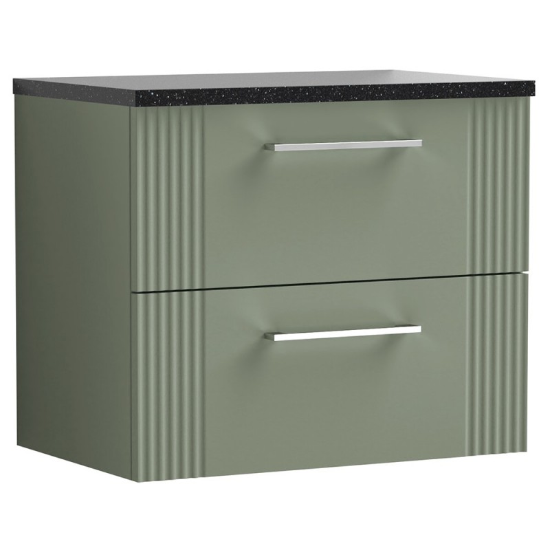Deco 600mm Wall Hung 2 Drawer Vanity Unit with Laminate Top - Satin Green